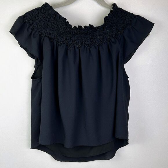 Lands’ End Off the Shoulder Ruched Ruffle Crop Top Black Embroidered Shirt 10 - Picture 4 of 10